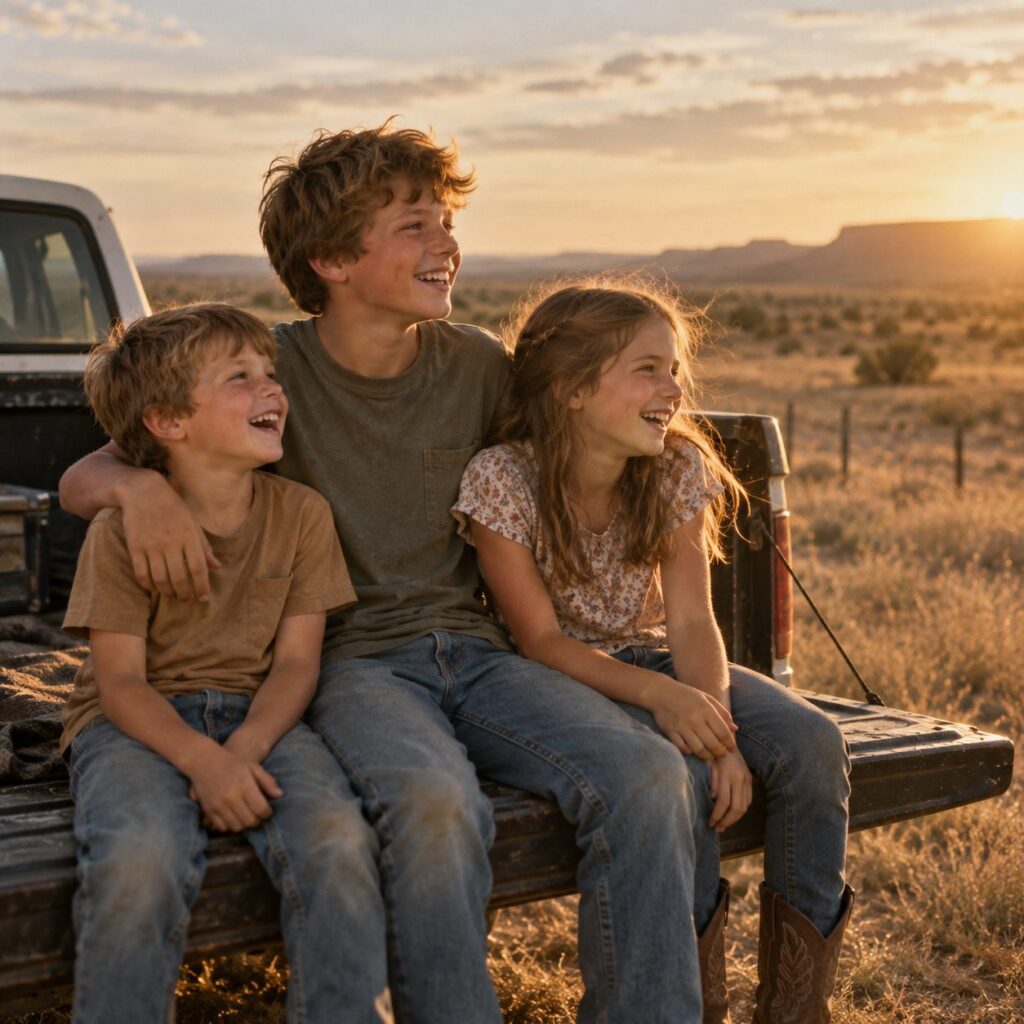 Three siblings sitting together on a tailgate