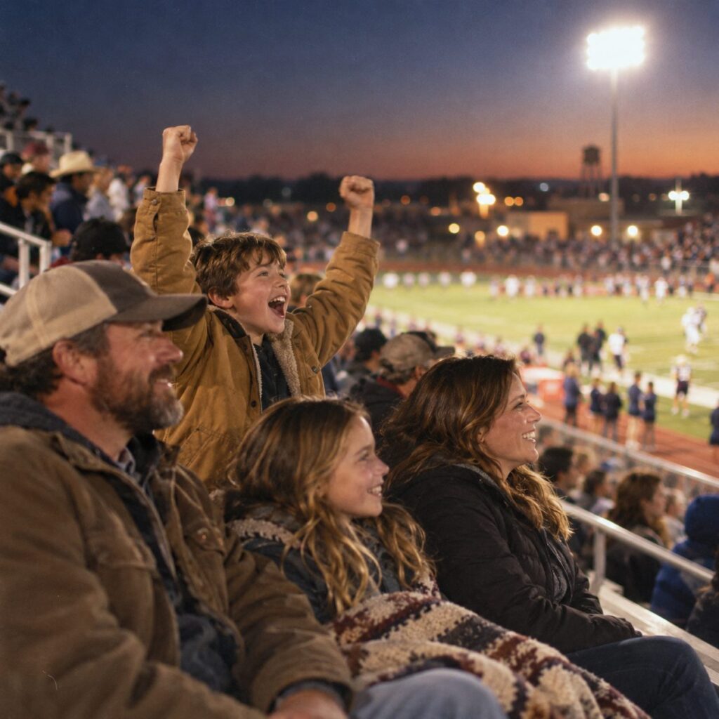 A family cheering in the stands at a hometown game