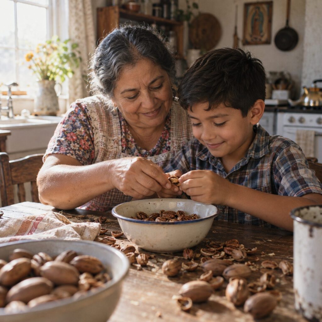 A grandmother cooking with her grandson