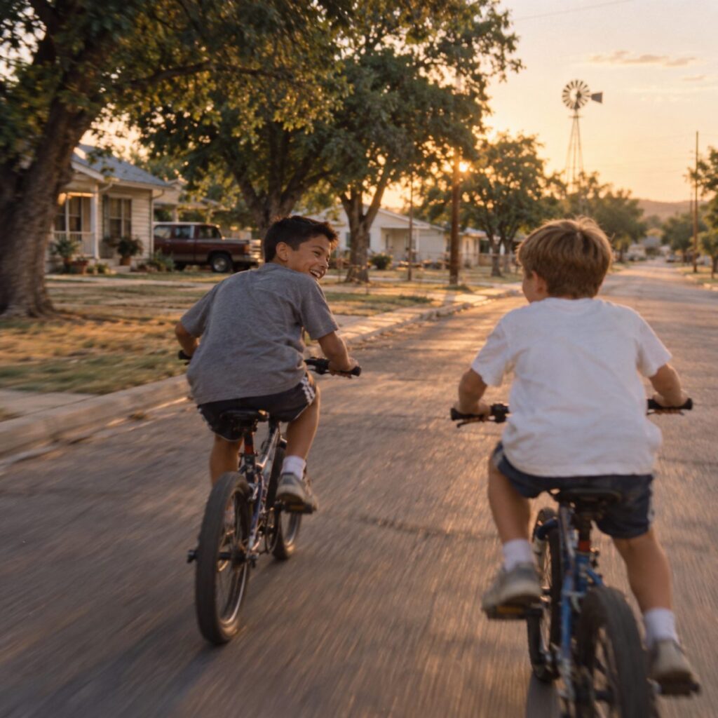 Two kids riding bikes down a neighborhood street