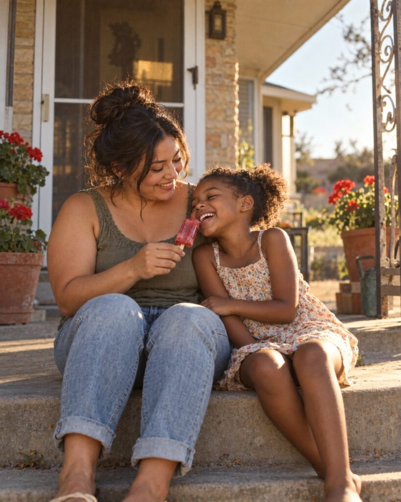 A mother and young daughter laughing on porch steps, sharing a popsicle