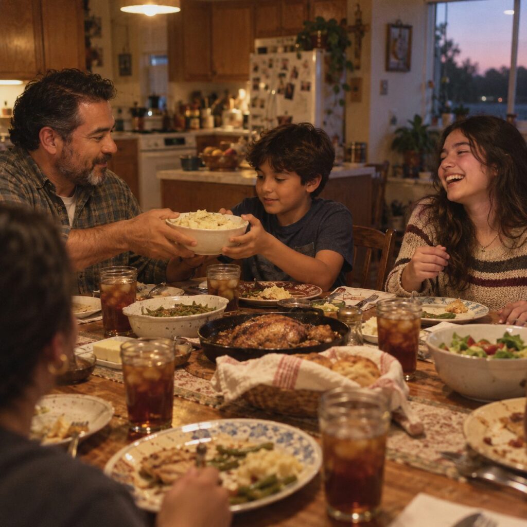 A family passing dishes around the dinner table